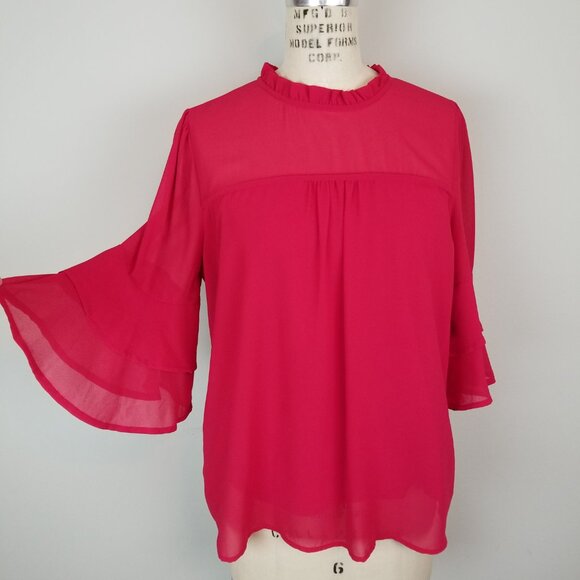 Monteau Red Blouse with Flared Ruffled 3/4 Sleeves & Collar Women's Size Large - Picture 2 of 9
